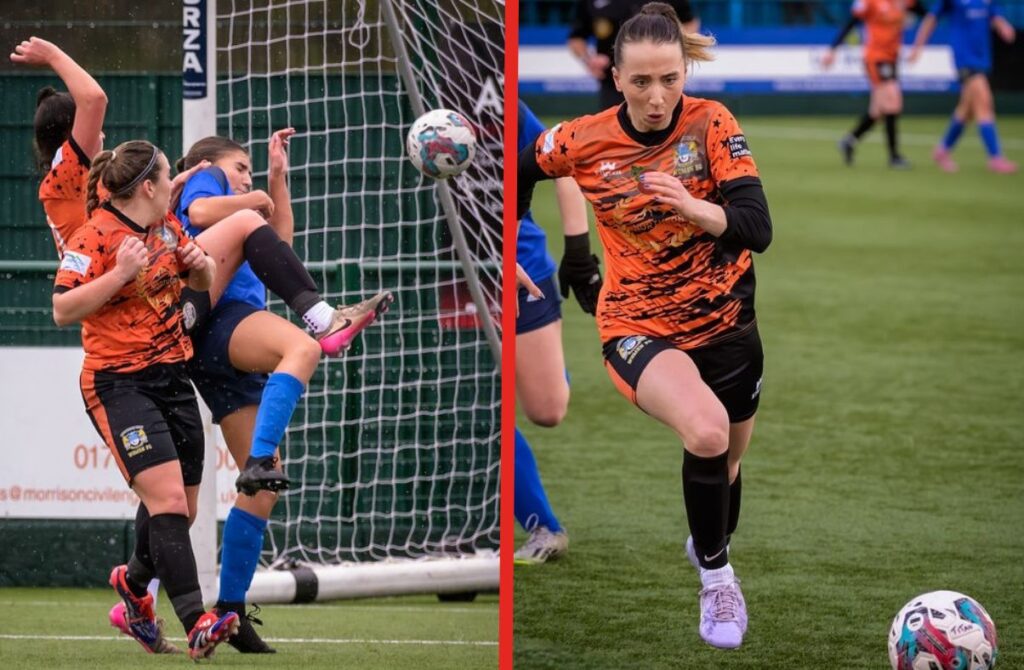 Female footballers in action during a match, with one image showing a goal attempt and the other a player running with the ball.
