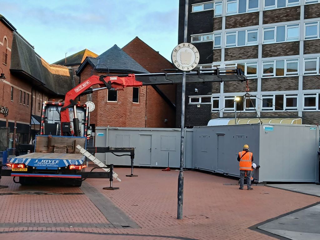 Temporary homes for Barrow market traders start to arrive